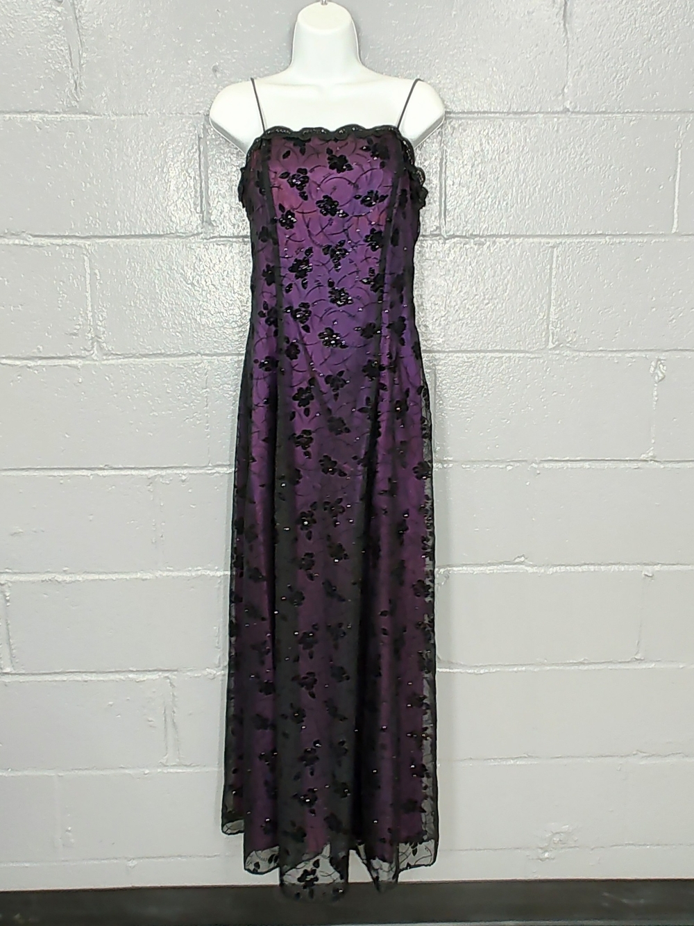 Betsy & Adam Purple and Black Sheer Flocked Overlay Maxi Dress